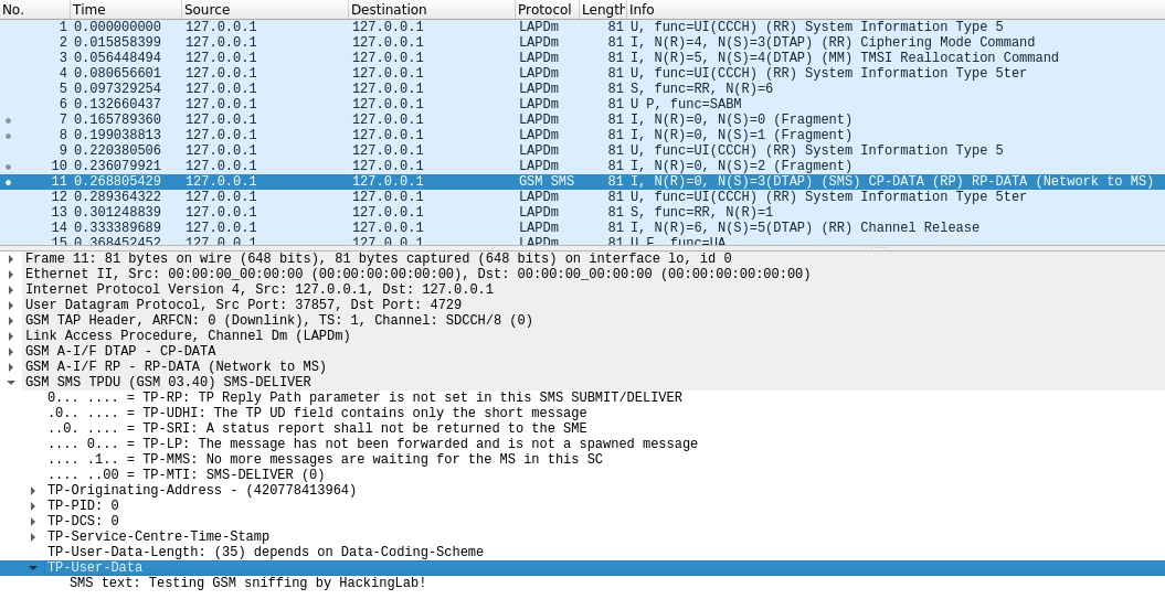 Wireshark - úspěšně dešifrovaná SMS zpráva Wireshark - úspěšně dešifrovaná SMS zpráva