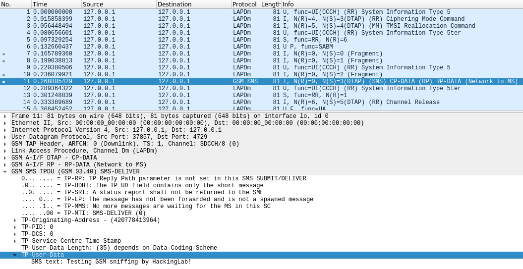 Wireshark - úspěšně dešifrovaná SMS zpráva