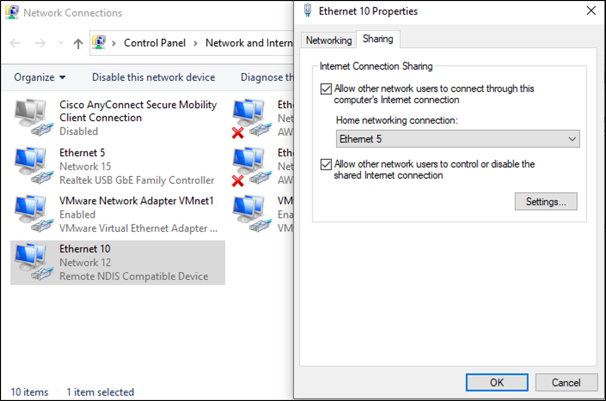 Tethering do USB adaptéru v OS Windows