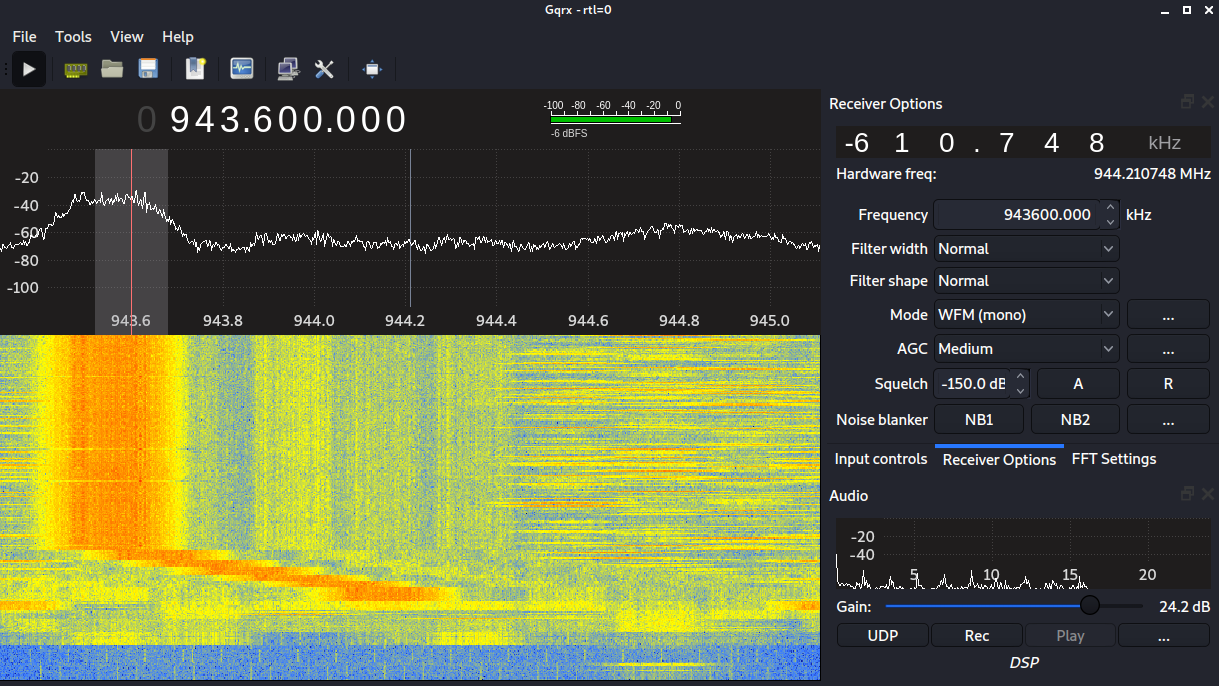 Manuální zkoumání frekvencí pomocí nástroje gqrx Manuální zkoumání frekvencí pomocí nástroje gqrx