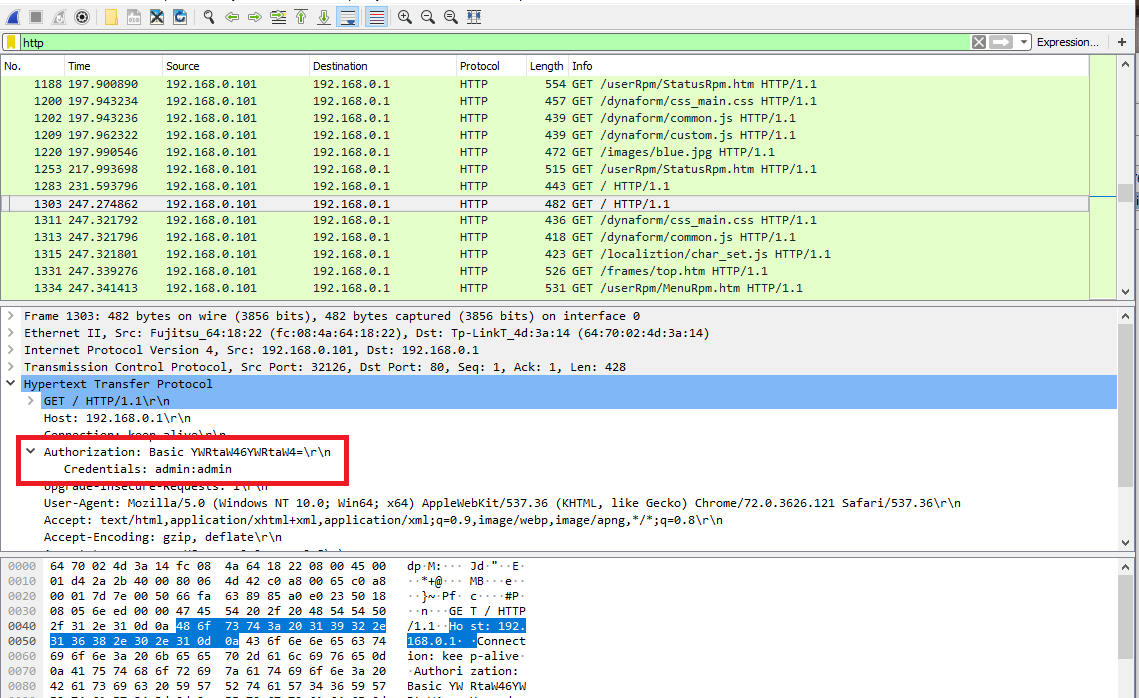 Zachycená přenášená data pomocí snifferu Wireshark