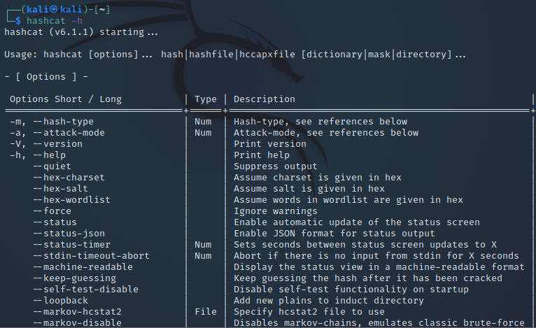 Nápověda nástroje Hashcat