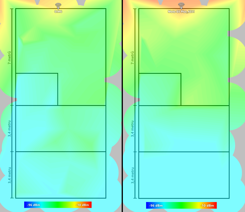 Síla Wi-Fi signálu O.MG vs Moto telefonu v prostoru Síla Wi-Fi signálu O.MG vs Moto telefonu v prostoru