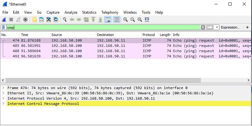 ICMP pakety přicházející ze serveru 192.168.50.100. ICMP pakety přicházející ze serveru 192.168.50.100.
