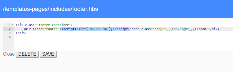 Kód šablóny footer.hbs po vložení JS kódu Kód šablóny footer.hbs po vložení JS kódu
