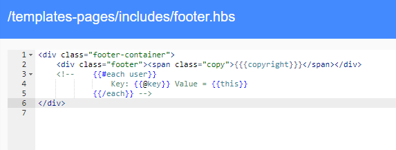 Kód šablóny footer.hbs po vložení kódu pre výpis atribútov objektu user Kód šablóny footer.hbs po vložení kódu pre výpis atribútov objektu user